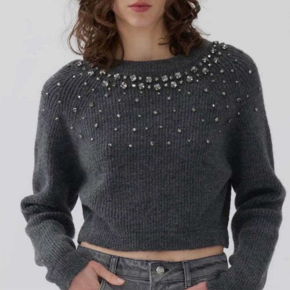 NEW NOCTURNE stone embellished crop sweater in deep grey
